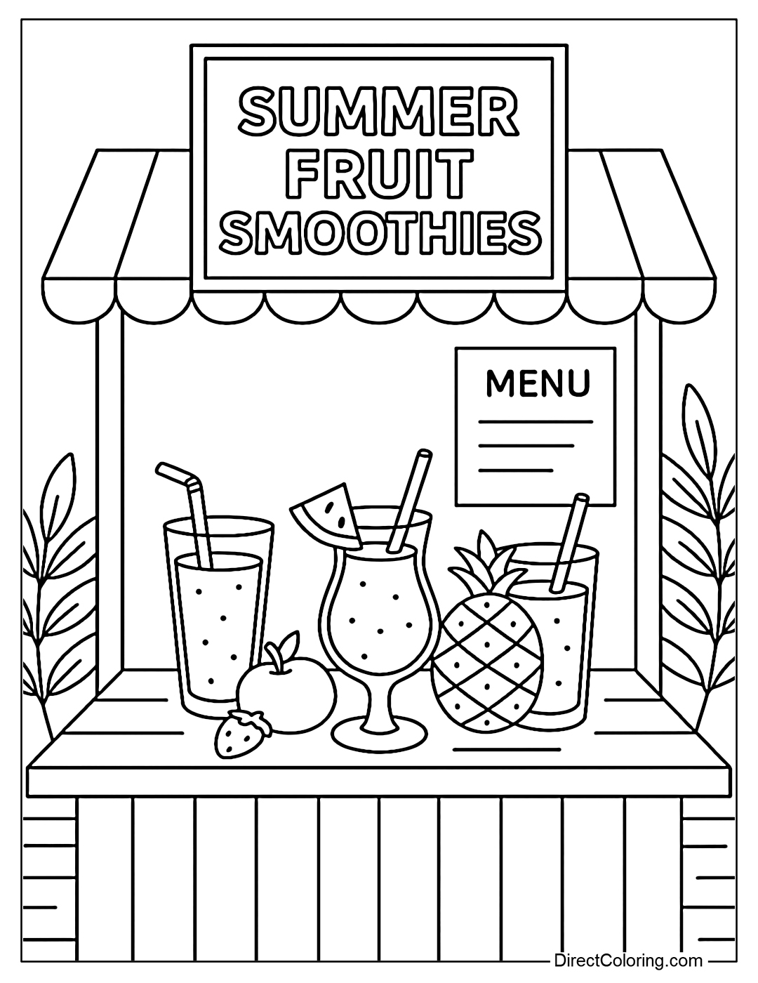 Coloring page of a small summer fruit smoothie bar, with colorful glasses, fresh fruit, menu board and greenery next to it.